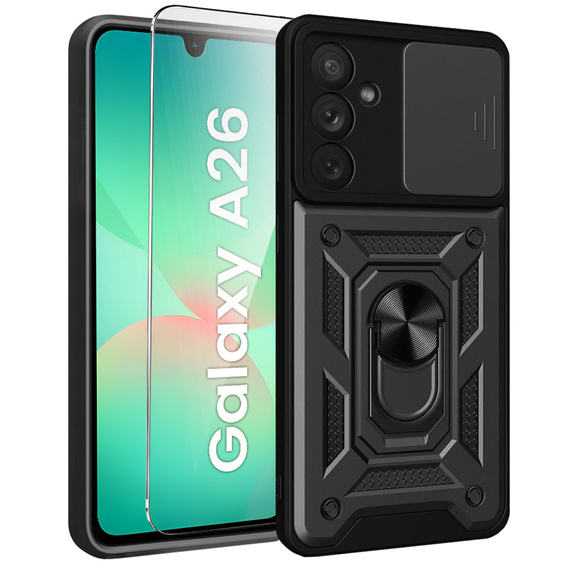 Armored Case for Samsung Galaxy A26, CamShield Slide, black + Tempered Glass 9H