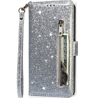 Flip case for Samsung Galaxy A55, Wallet Zipper Pocket Glittery, silver