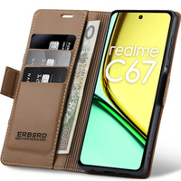 Case for Realme C67 4G, ERBORD Glossy Litchi, wallet with flap, brown