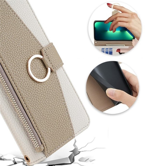Flip case for iPhone 14 Pro Max, Wallet Zipper Pocket, with mirror, white