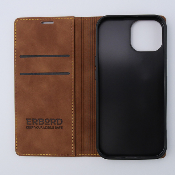 Case for iPhone 15, ERBORD Vintage, wallet with flap, brown
