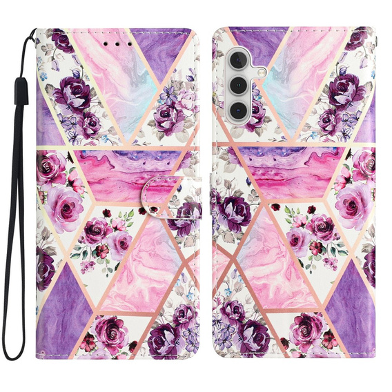 Flip case for Samsung Galaxy A25 5G, Wallet, marble & flowers, pink + 9H glass