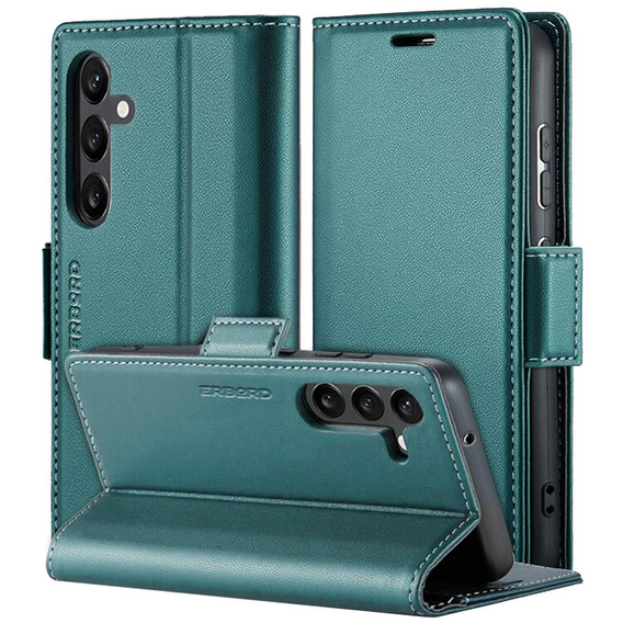 Case for Samsung Galaxy S25, ERBORD Glossy Litchi, wallet with flap, green