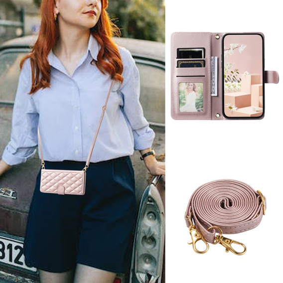 Flip case for iPhone 16 Plus, Rhombus Crossbody Leather, pink rose gold