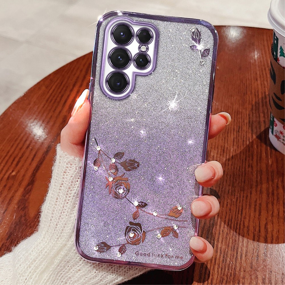 Case for Samsung Galaxy S23 Ultra, Glitter Flower, purple