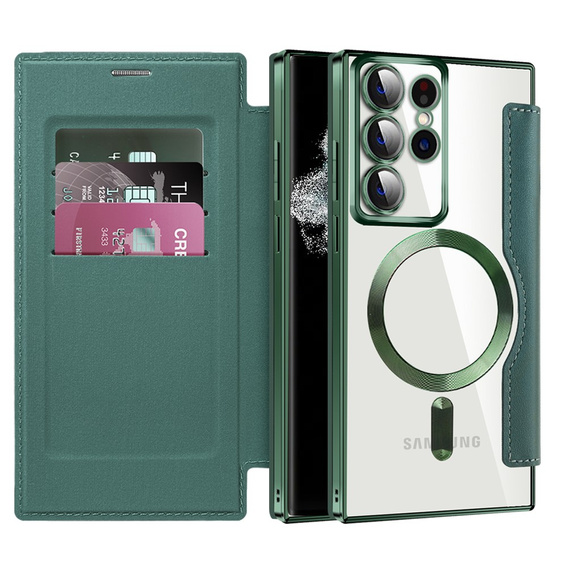 Flip case for Samsung Galaxy S22 Ultra 5G, RFID Wallet MagSafe CamShield, green