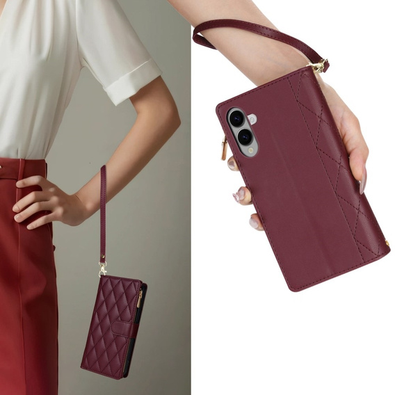 Flip case for Samsung Galaxy S25 Edge, Rhombus Crossbody Leather, maroon