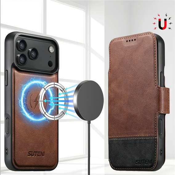 2-in-1 flip case for iPhone 17 Pro Max, SUTENI, for MagSafe, brown