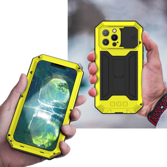 Case for iPhone 13 Pro, R-JUST CamShield Slide, armoured, yellow / black