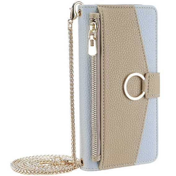 Flip case for iPhone 15 Pro Max, Wallet Zipper Pocket, with mirror, blue