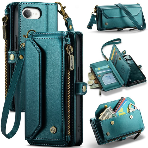 Case CASEME for iPhone16e, RFID Leather Wallet, with shoulder strap, green