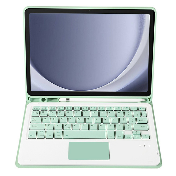Case + keyboard Samsung Galaxy Tab A9+, Leather Pen Slot TouchPad, light green