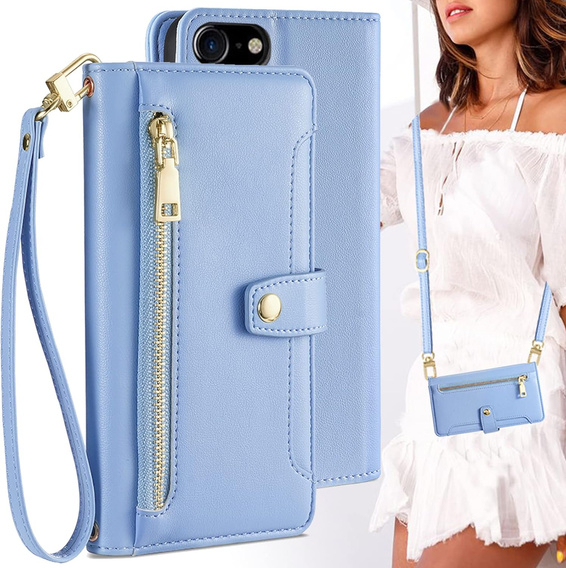 Flip case for iPhone 16E, Wallet Zipper Pocket, blue
