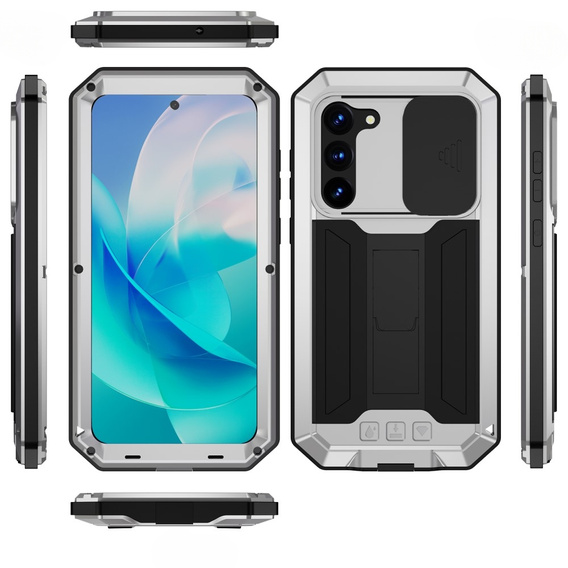Armored case for Samsung Galaxy S23, R-JUST CamShield Slide, silver / black