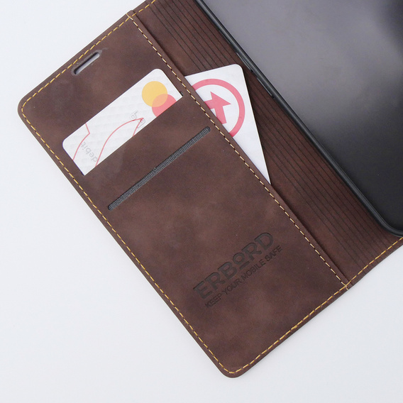 Case for iPhone 15, ERBORD Vintage, wallet with flap, coffee