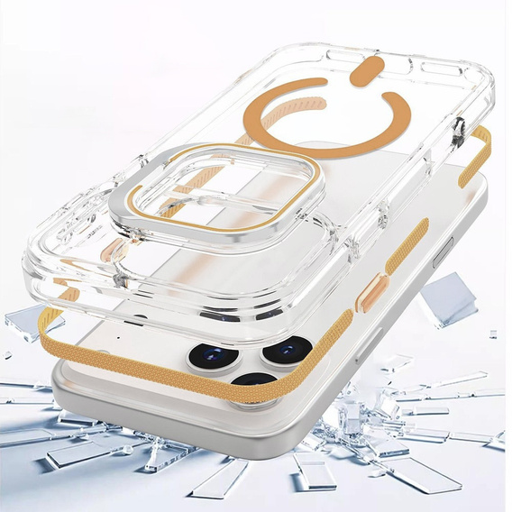 Case for iPhone 17 Pro Max, for MagSafe, with stand, transparent with gold inserts