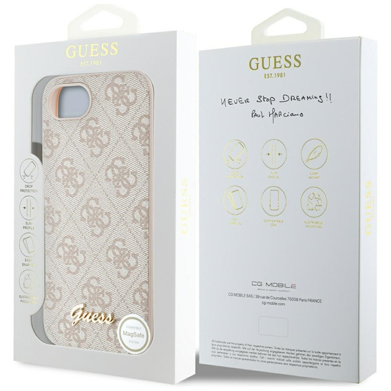 GUESS Case for iPhone 16E, 4G Metal Gold Logo, pink