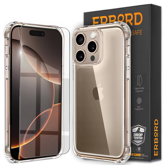Case for iPhone 16 Pro, Erbord Dropproof, transparent + Glass