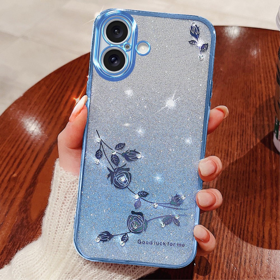 Case for iPhone 16 Plus, Glitter Flower, blue
