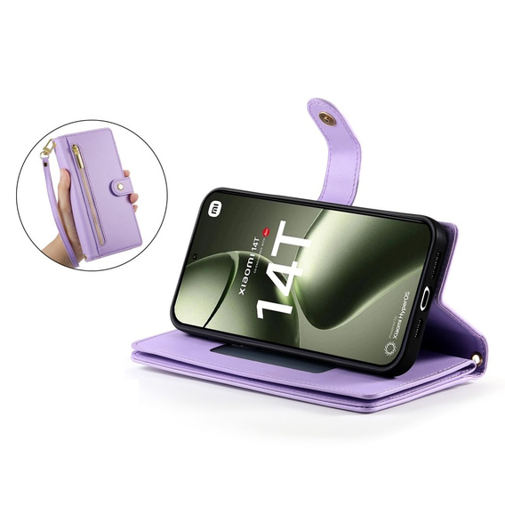 Flip case for Xiaomi 14T, Wallet Zipper Pocket, purple