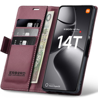 Case for Xiaomi 14T Pro, ERBORD Glossy Litchi, wallet with flap, red