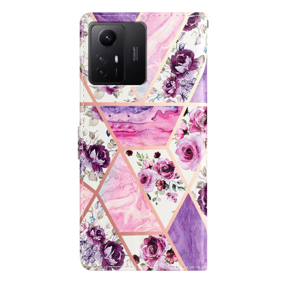 Flip case for Xiaomi Redmi Note 12S, Wallet, marble & flowers, pink