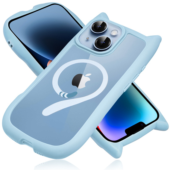 Case for iPhone 13 / iPhone 14, for MagSafe, Cute Cat, blue + Screen Glass