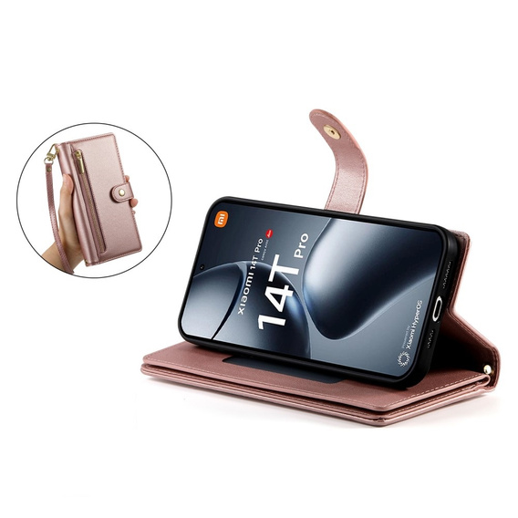 Flip case for Xiaomi 14T Pro, Wallet Zipper Pocket, pink