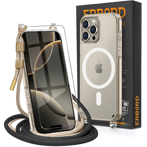 Case with lanyard for iPhone 16 Pro, ERBORD MagSafe, transparent + Glass for screen