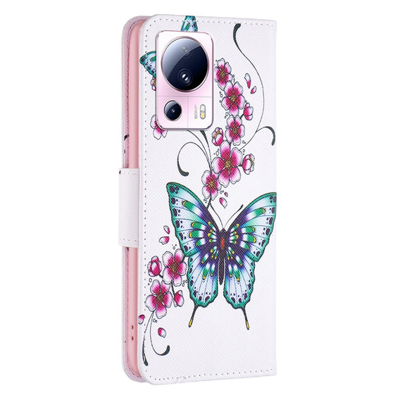 Flip case for Xiaomi 13 Lite, Wallet, butterfly & flowers, white
