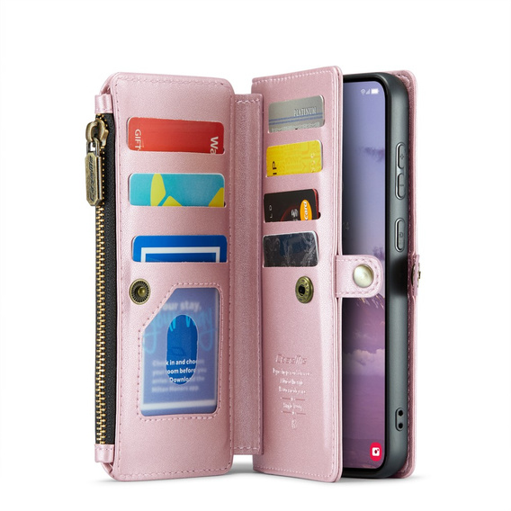 Case CASEME for Samsung Galaxy S24 FE, RFID Leather Wallet, with shoulder strap, pink