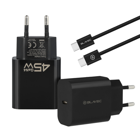 Blavec GaN4 45W USB-C PD/QC mains charger with USB-C - USB-C cable for devices with USB-C: smartphones, tablets and lightweight laptops
