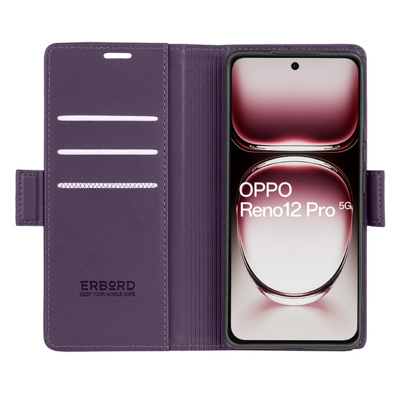 Case for Oppo Reno 12 Pro, ERBORD Glossy Litchi, wallet with flap, purple
