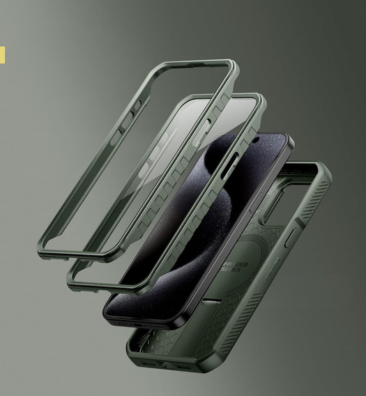 Armored case for iPhone 15 Pro Max, Dexnor CamProtect MagSafe, green (Two frames)