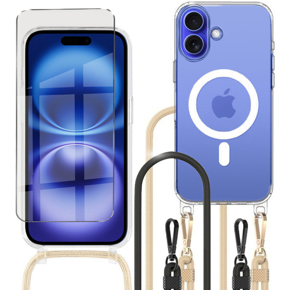 Case with lanyard for iPhone 16, ERBORD MagSafe, transparent + Glass for screen