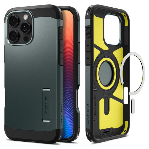 Spigen case for iPhone 16 Pro, Tough Armor Mag MagSafe, green + 9H Tempered Glass