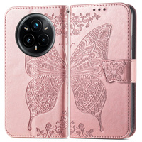 Flip case for Realme 14 Pro 5G, Butterfly, pink rose gold