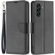 Flip case for Samsung Galaxy A15, Wallet Litchi Leather, black + 9H glass