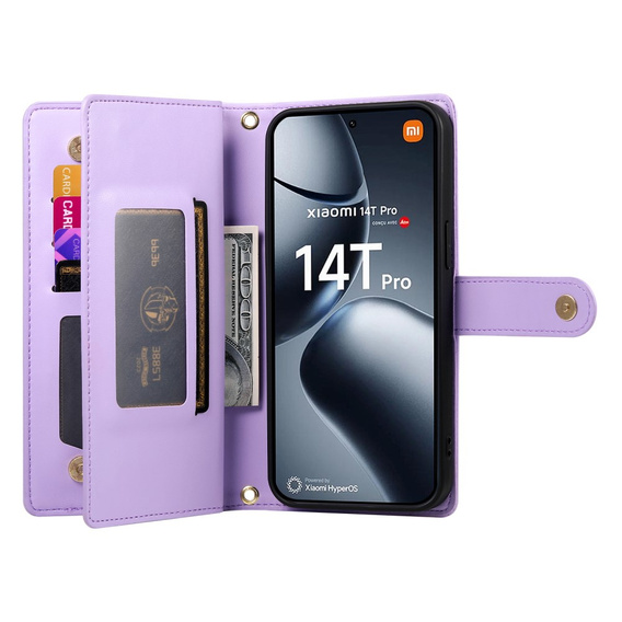 Flip case for Xiaomi 14T Pro, Wallet Zipper Pocket, purple