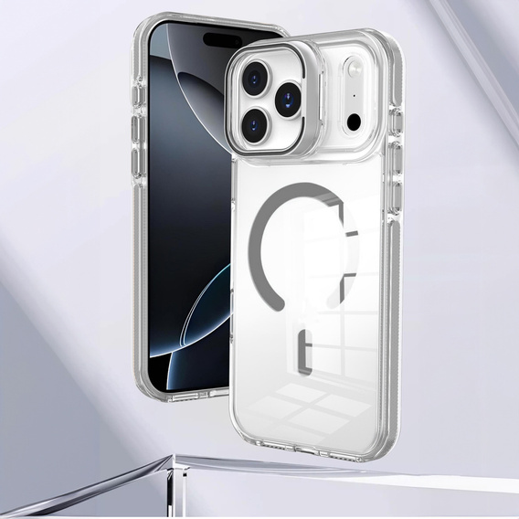 Case for iPhone 17 Pro Max, for MagSafe, with stand, transparent with grey inserts