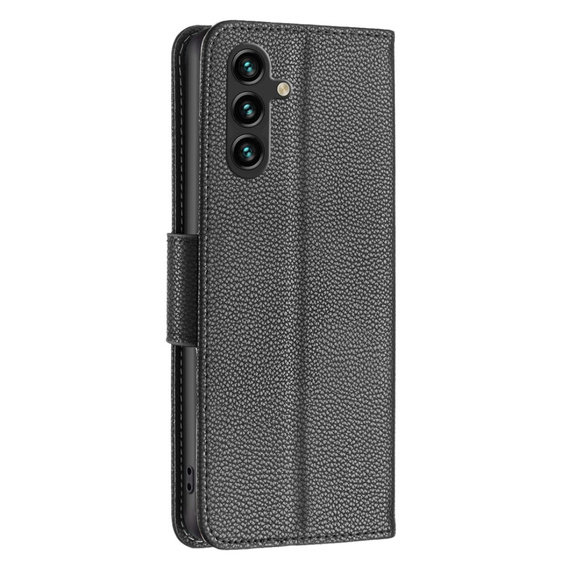 Flip case for Samsung Galaxy A15, Wallet Litchi Leather, black + 9H glass