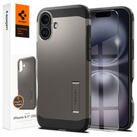 Spigen case for iPhone 16, Tough Armor Mag MagSafe, grey + 9H Tempered Glass