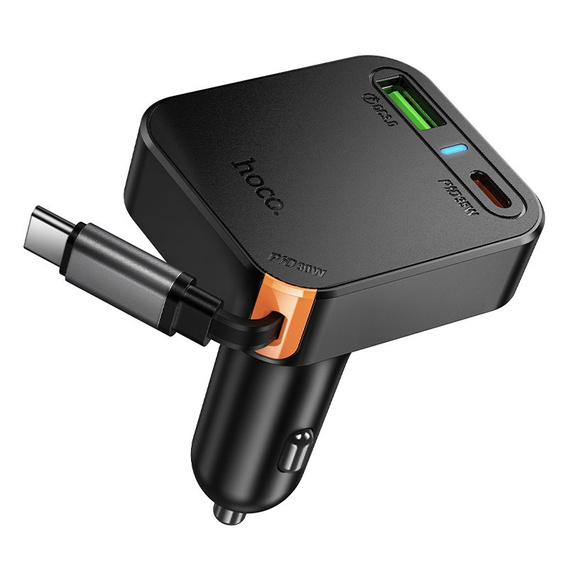 Hoco car charger with triple output and retractable 65 W USB-C cable