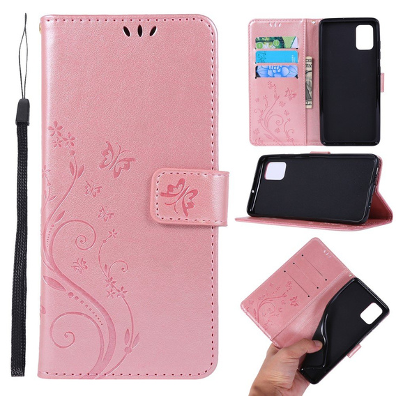 Flip case for Samsung Galaxy A51, Butterfly Flower, pink rose gold
