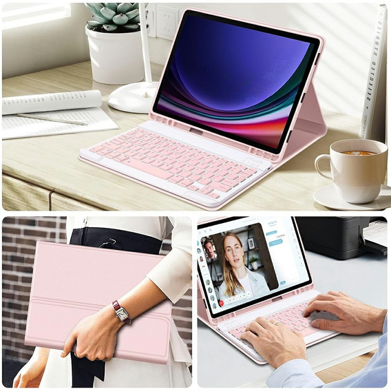 Case + keyboard Samsung Galaxy Tab S9 FE, Leather Pen Slot, pink rose gold