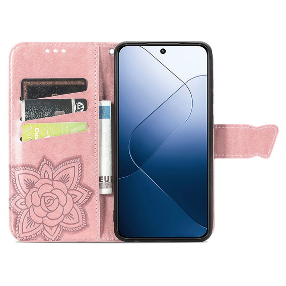 Flip case for Xiaomi 14T Pro, Butterfly, pink rose gold
