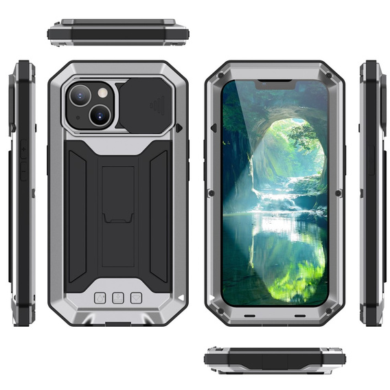 Case for iPhone 13, R-JUST CamShield Slide, armoured, silver / black