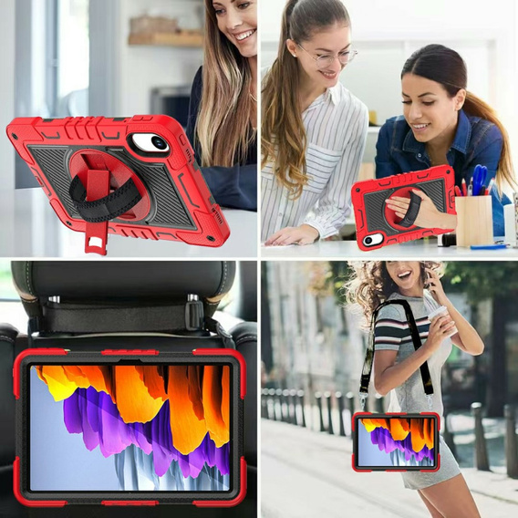 Armoured case for Xiaomi Redmi Pad 2, with stand and shoulder strap – red and black