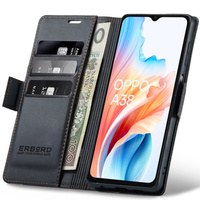 Case for Oppo A18 4G / A38 4G, ERBORD Glossy Litchi, wallet with flap, black
