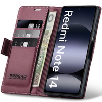 Case for Xiaomi Redmi Note 14 5G, ERBORD Glossy Litchi, wallet with flap, red